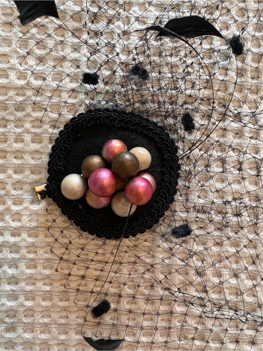 Black Veiled Fascinator with Feathers and Pink Pearl Accents - Picture 6 of 12